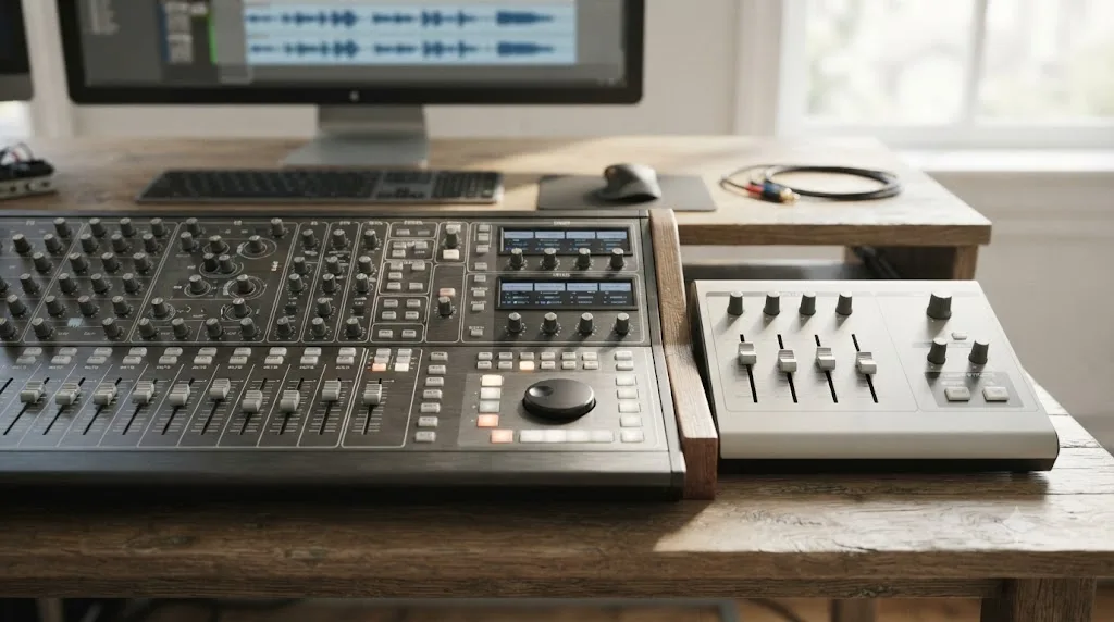 Illustration comparing DaVinci Resolve's Fairlight audio mixing console to Pinnacle Studio's simpler audio panel