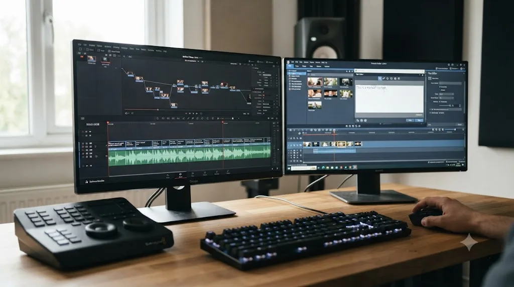 Illustration comparing DaVinci Resolve's automatic subtitle generation to Pinnacle Studio's manual caption typing