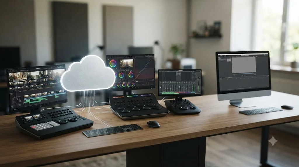 Illustration of DaVinci Resolve's Blackmagic Cloud collaboration connecting multiple editors, next to an isolated single-user Pinnacle Studio desktop