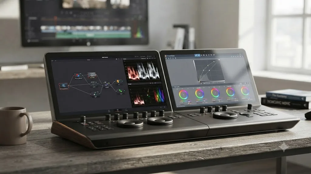 Illustration comparing DaVinci Resolve's node-based color page to Pinnacle Studio's Tone Curve and HSL color panel