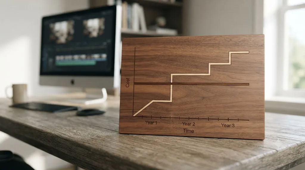 Illustration of a cost-over-time chart comparing a single DaVinci Resolve Studio payment to repeated Pinnacle Studio annual upgrade payments