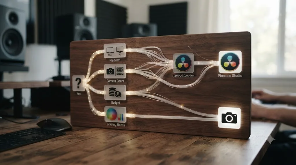 Illustration of a decision flowchart branching toward DaVinci Resolve or Pinnacle Studio based on specific project needs