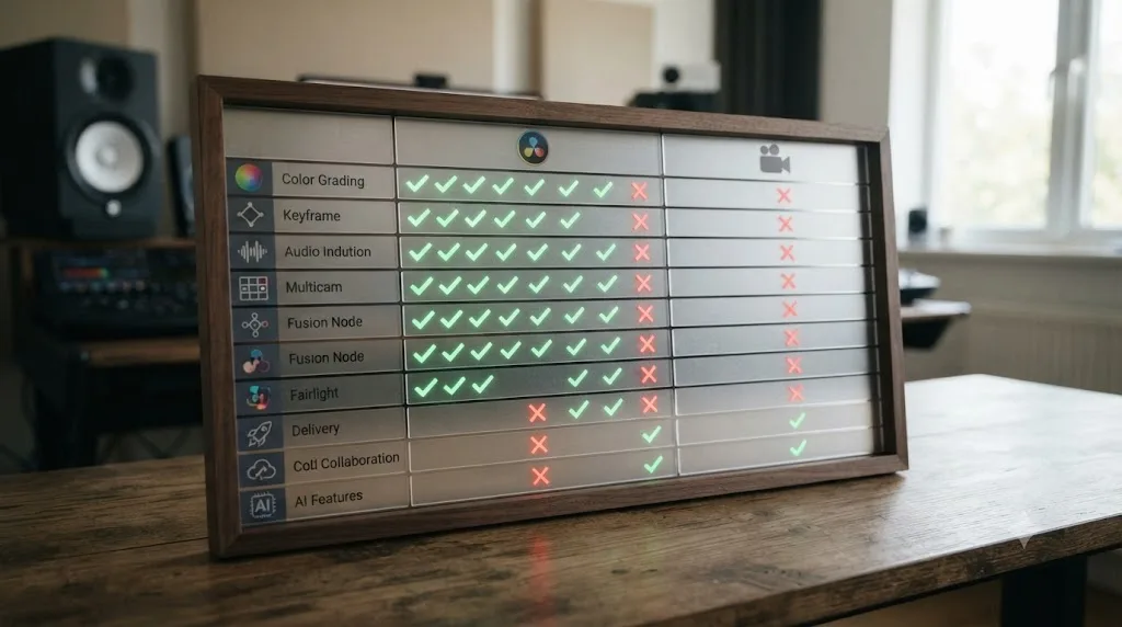 Illustration of a full side-by-side comparison table between DaVinci Resolve and Pinnacle Studio across every major feature