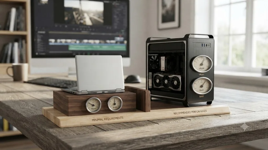 Illustration comparing the lighter hardware needs of Pinnacle Studio to DaVinci Resolve's heavier GPU and RAM requirements