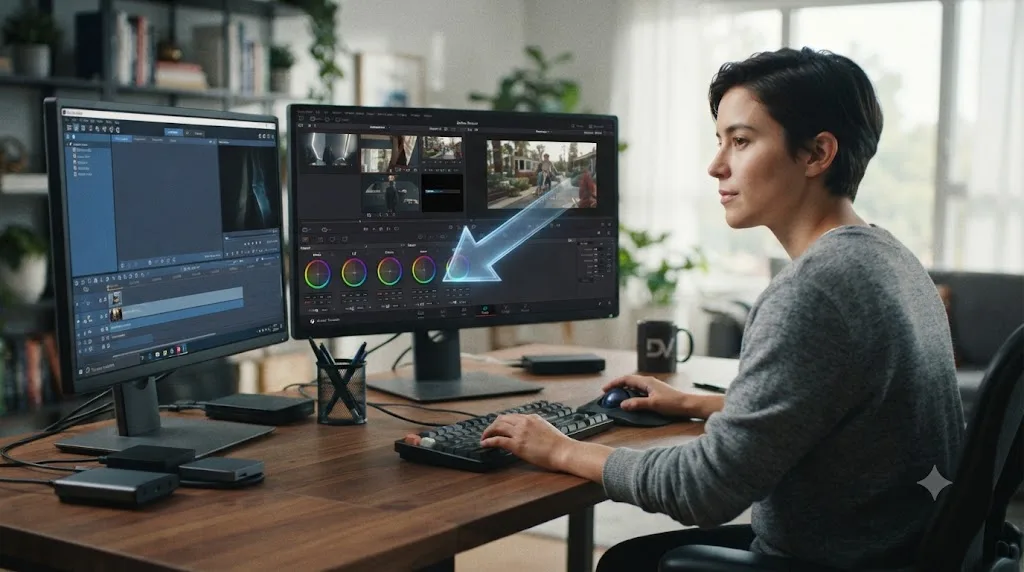 Illustration of a person switching from Pinnacle Studio to DaVinci Resolve with an assistant pointing at a control on screen
