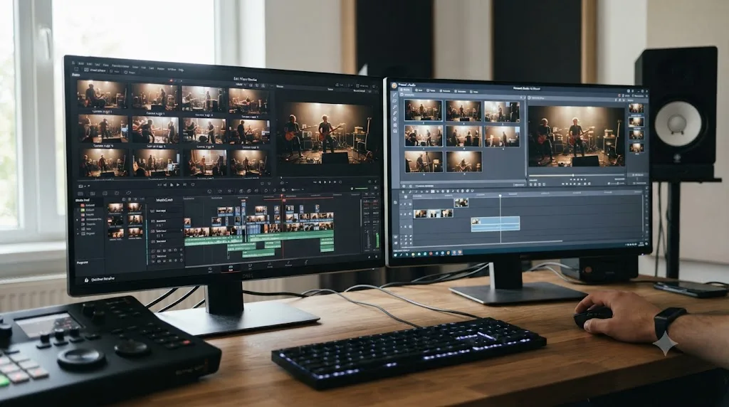 Illustration comparing DaVinci Resolve's multicam editing capacity to Pinnacle Studio's tiered camera-angle limits