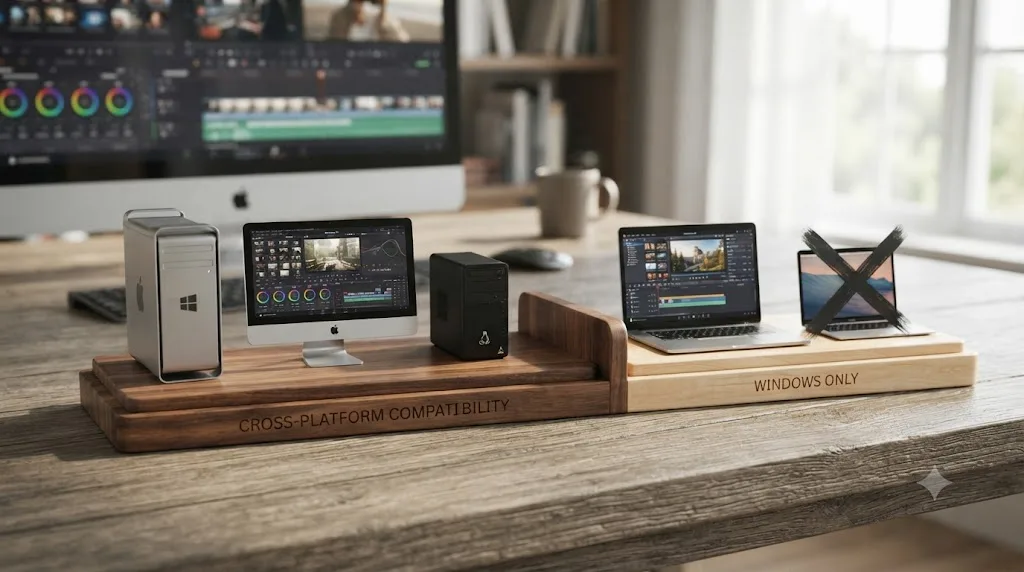 Illustration comparing DaVinci Resolve running across Windows, macOS, and Linux computers against Pinnacle Studio limited to Windows only
