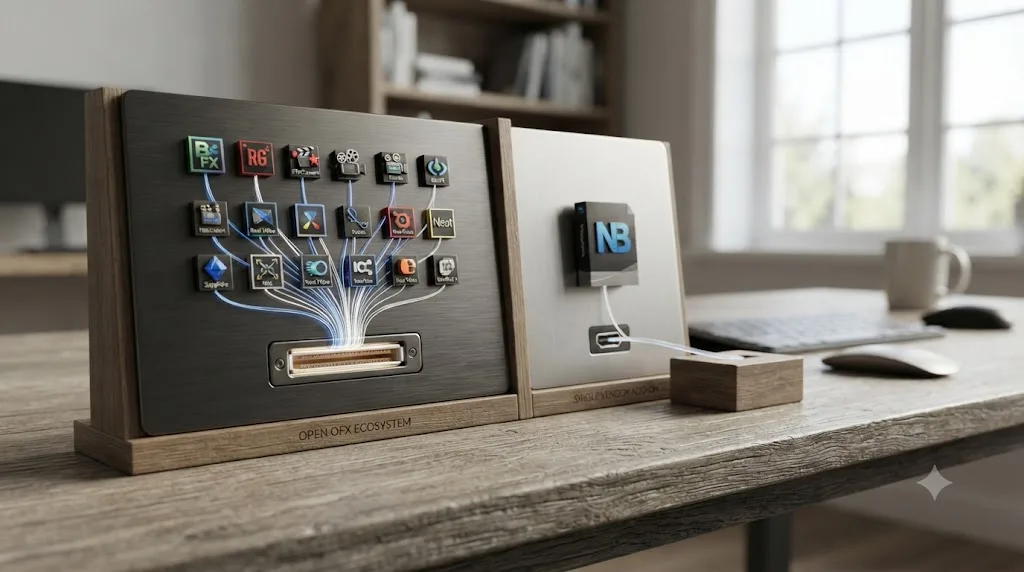Illustration comparing DaVinci Resolve's open OFX plugin ecosystem to Pinnacle Studio's single-vendor NewBlueFX add-on