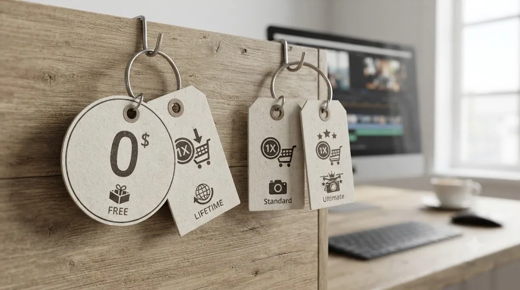 Illustration of price tags comparing DaVinci Resolve's free and one-time pricing against Pinnacle Studio's two one-time purchase tiers
