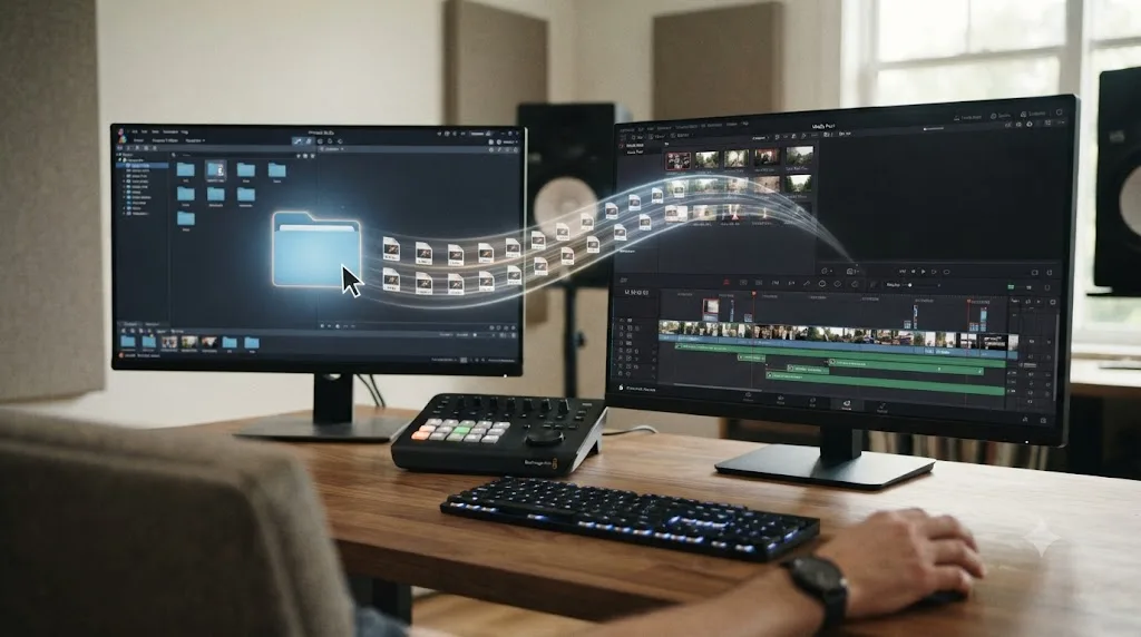 Illustration of raw footage moving from a Pinnacle Studio project into DaVinci Resolve's Media Pool for a rebuilt timeline