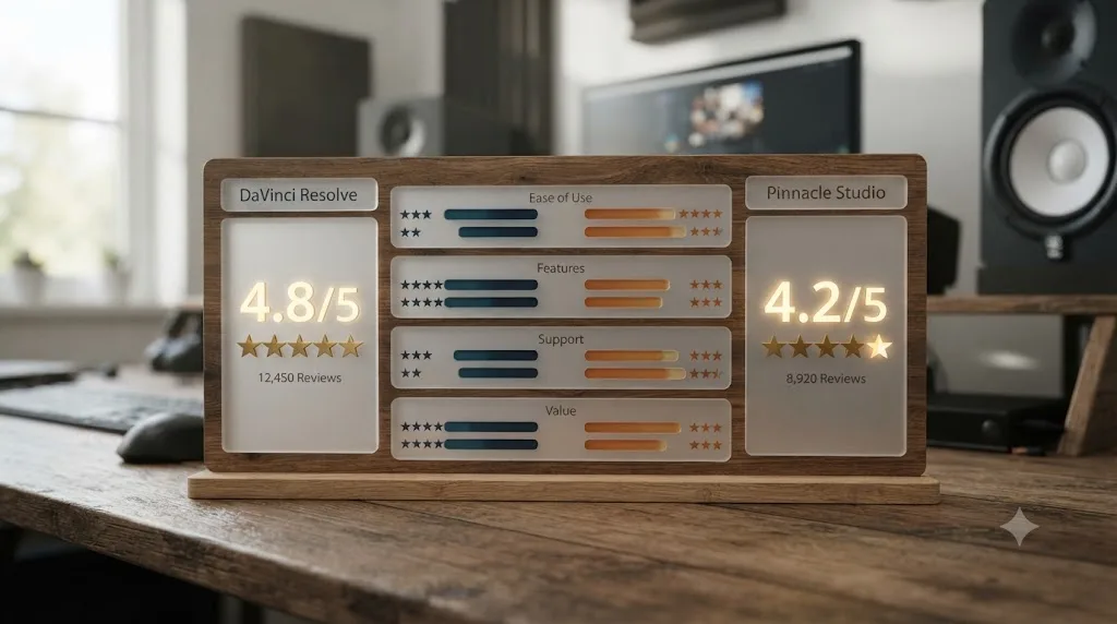 Illustration of a star rating comparison between DaVinci Resolve and Pinnacle Studio across ease of use, features, support, and value categories