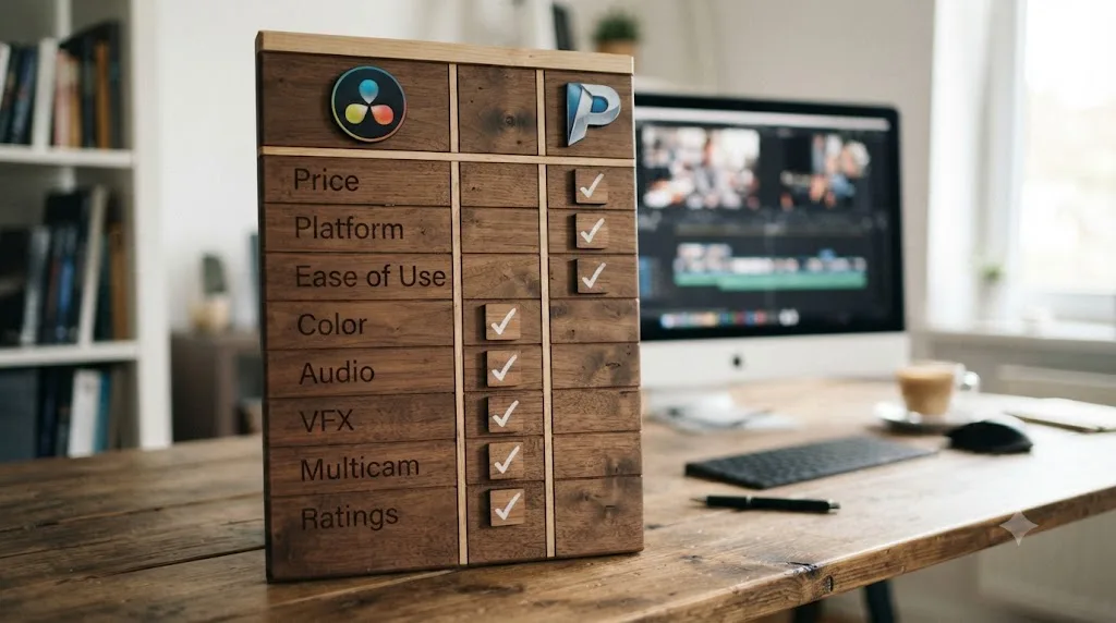 Illustration of a scoreboard comparing DaVinci Resolve and Pinnacle Studio across eight categories