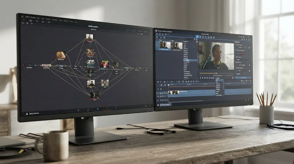 Illustration comparing DaVinci Resolve's built-in Fusion node compositor to Pinnacle Studio's masking and blend mode tools