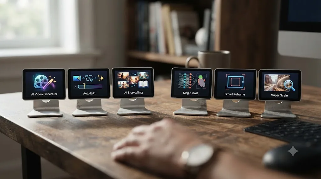 Illustration comparing PowerDirector's AI generation tools to DaVinci Resolve's Neural Engine AI features