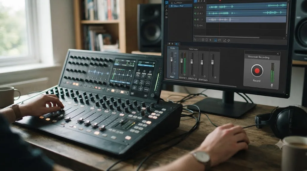 Illustration comparing DaVinci Resolve's Fairlight audio console to PowerDirector's basic mixer and voiceover tools