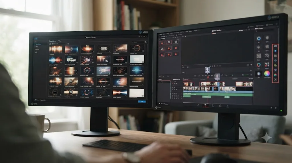 Illustration of PowerDirector's DirectorZone template gallery next to DaVinci Resolve's multi-user collaboration and OFX plugin ecosystem