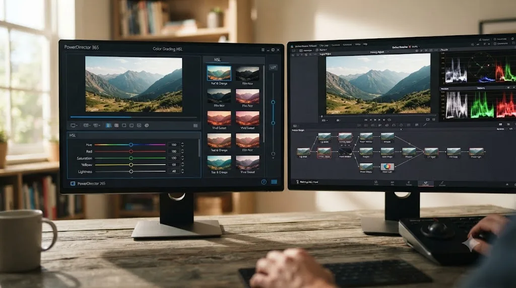 Illustration comparing PowerDirector's HSL color panel to DaVinci Resolve's node based Color page