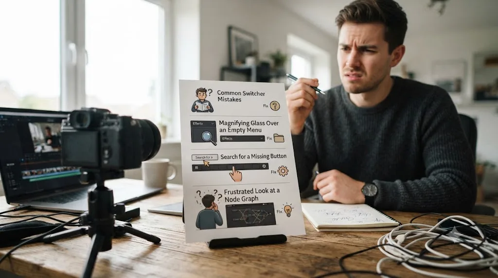 Illustration of a checklist showing common mistakes creators make switching from PowerDirector to DaVinci Resolve
