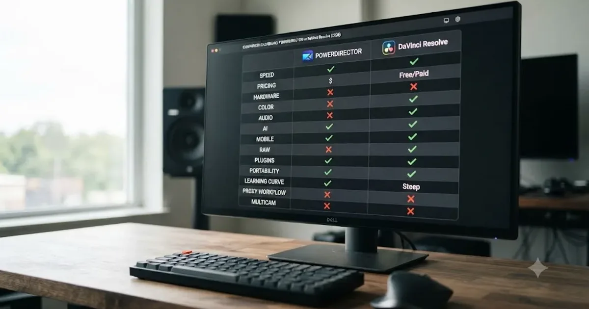 Illustration of a PowerDirector AI editing timeline next to a DaVinci Resolve color grading workspace