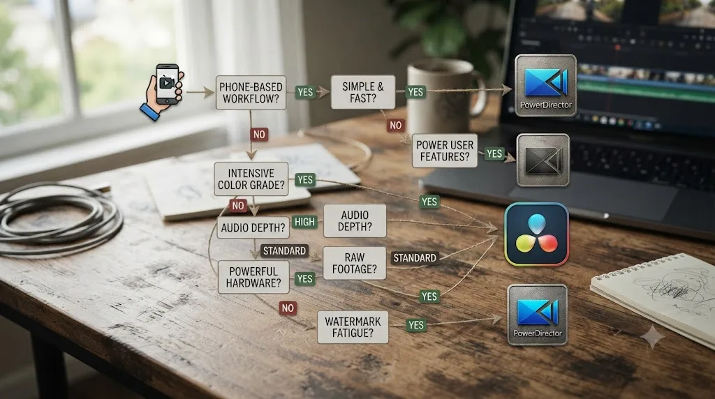 Illustration of a decision flowchart branching toward PowerDirector or DaVinci Resolve based on specific project needs