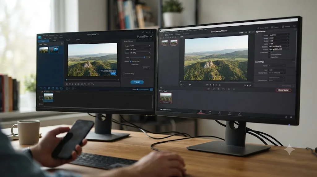 Illustration comparing a watermarked PowerDirector free export to DaVinci Resolve's unrestricted free Ultra HD export