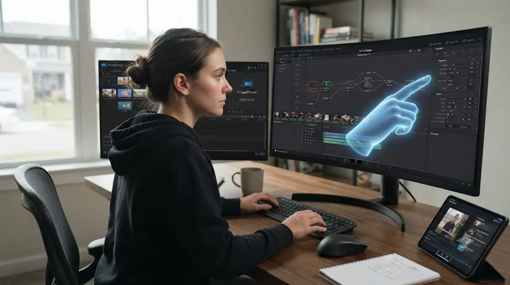 Illustration of a person switching from PowerDirector to DaVinci Resolve with an assistant pointing at a control on screen