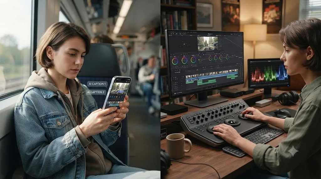 Illustration comparing PowerDirector's mobile phone editing workflow to DaVinci Resolve's desktop editing workflow