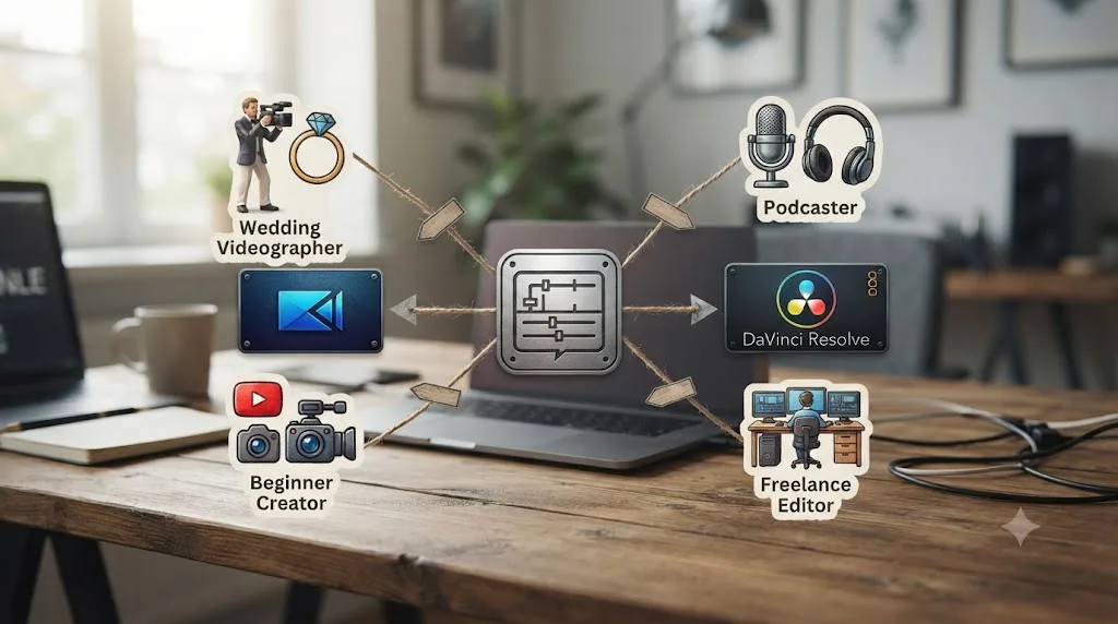 Illustration of different creator niches branching toward either PowerDirector or DaVinci Resolve