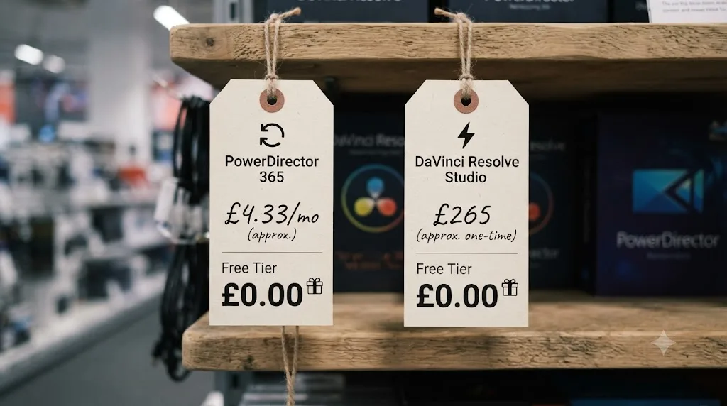Illustration comparing PowerDirector's recurring subscription cost to DaVinci Resolve's one-time Studio payment and free tier