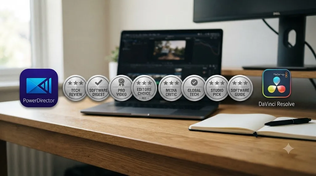 Illustration of review coverage badges evenly split between PowerDirector and DaVinci Resolve