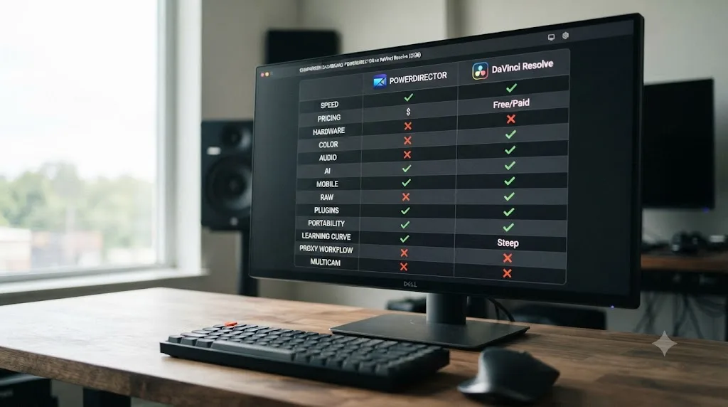 Illustration of a scoreboard comparing PowerDirector and DaVinci Resolve across thirteen categories
