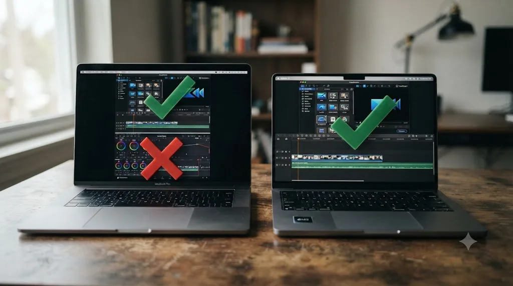 Illustration comparing PowerDirector's broader Mac chip support to DaVinci Resolve 21's Apple Silicon only requirement
