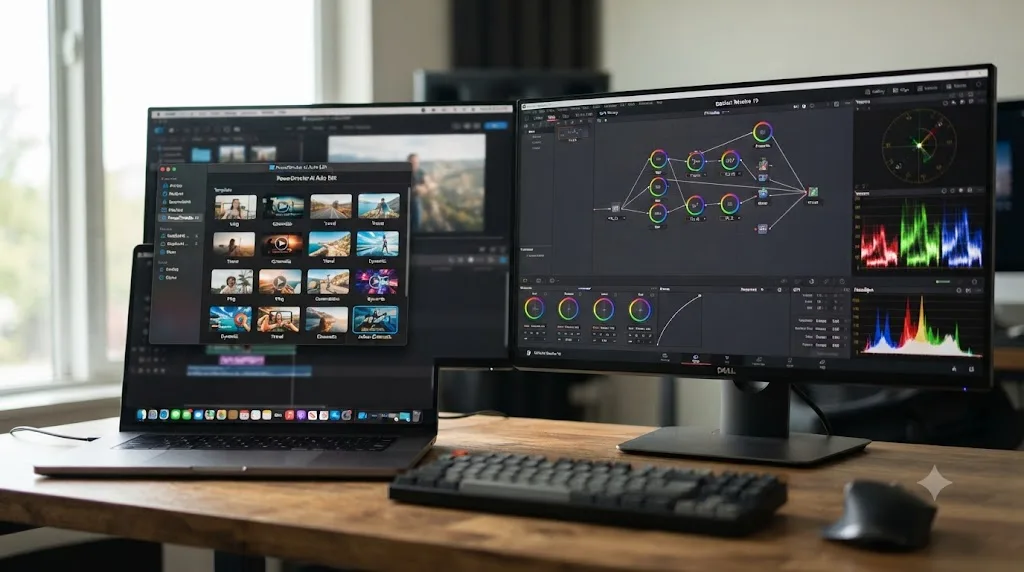 Illustration contrasting a PowerDirector AI editing panel with a DaVinci Resolve desktop node graph