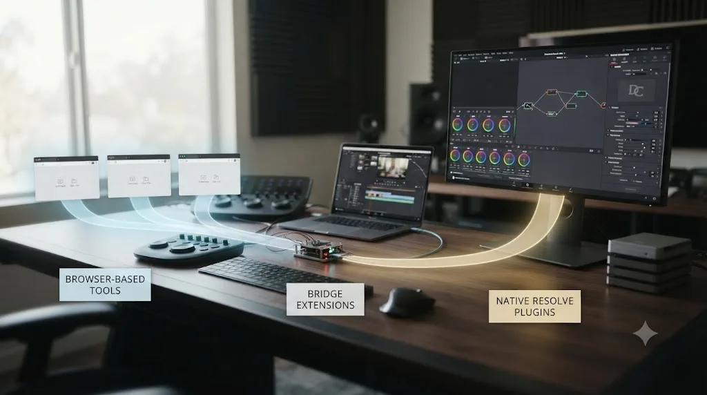 Illustration contrasting a DaVinci Resolve multi-editor collaboration workflow with an automated Submagic API captioning pipeline