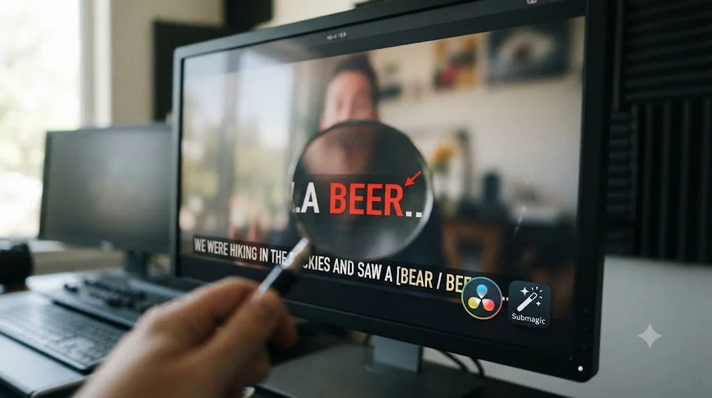 Illustration of a magnifying glass reviewing a mistranscribed caption on a video frame