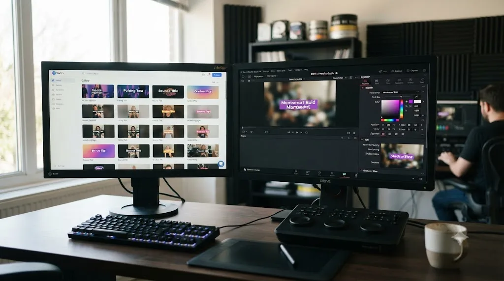 Illustration of a caption template gallery next to a DaVinci Resolve Inspector panel with subtitle styling controls