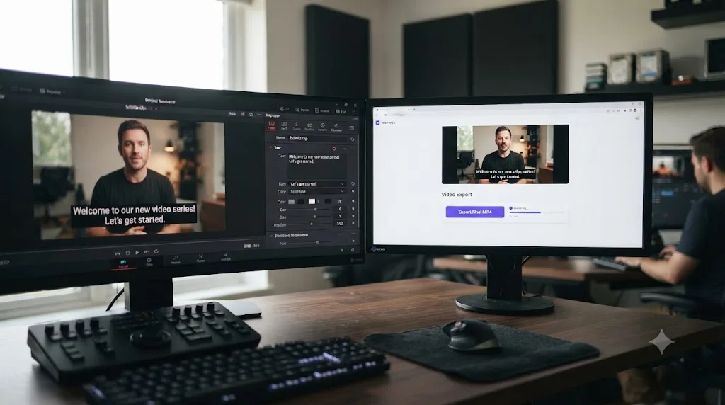 Illustration of a DaVinci Resolve editable subtitle clip next to a browser tool exporting a burned-in captioned video