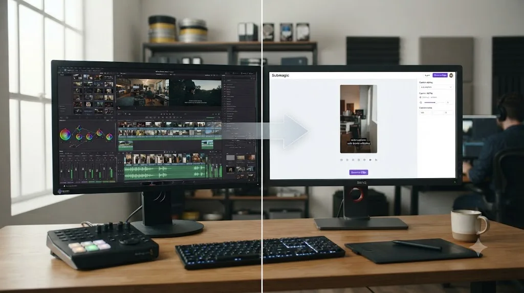 Illustration of DaVinci Resolve's editing toolset compared side by side with Submagic's captioning and clip toolset