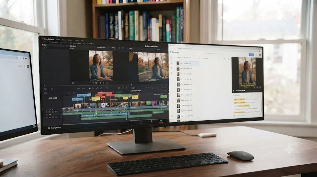 Illustration of a DaVinci Resolve timeline on one side and a browser-based caption and clip generator on the other, both producing the same captioned short video