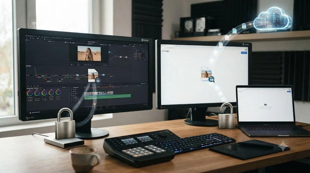 Illustration of a video file staying local to a DaVinci Resolve project compared with a video file uploading to a cloud server