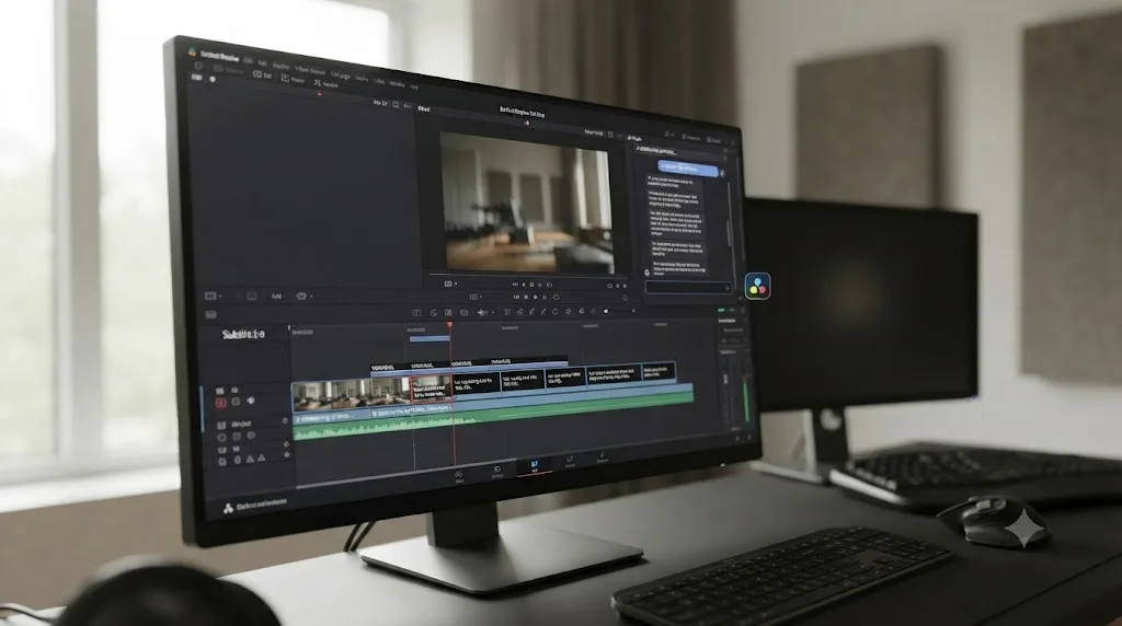 Illustration of a DaVinci Resolve plugin panel generating a native editable caption title clip directly on the timeline