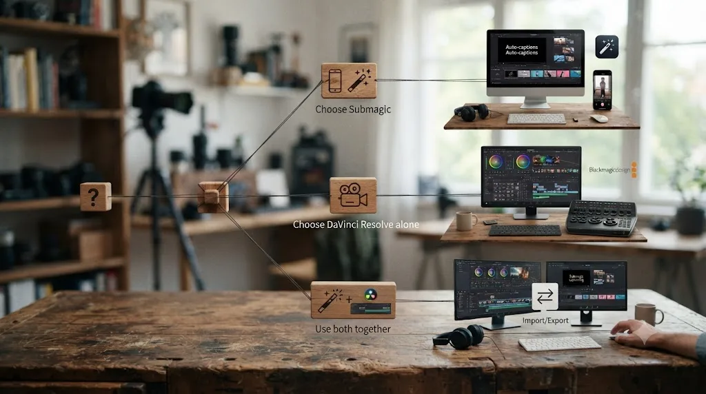Illustration of a decision tree diagram branching into choosing Submagic, DaVinci Resolve alone, or using both together