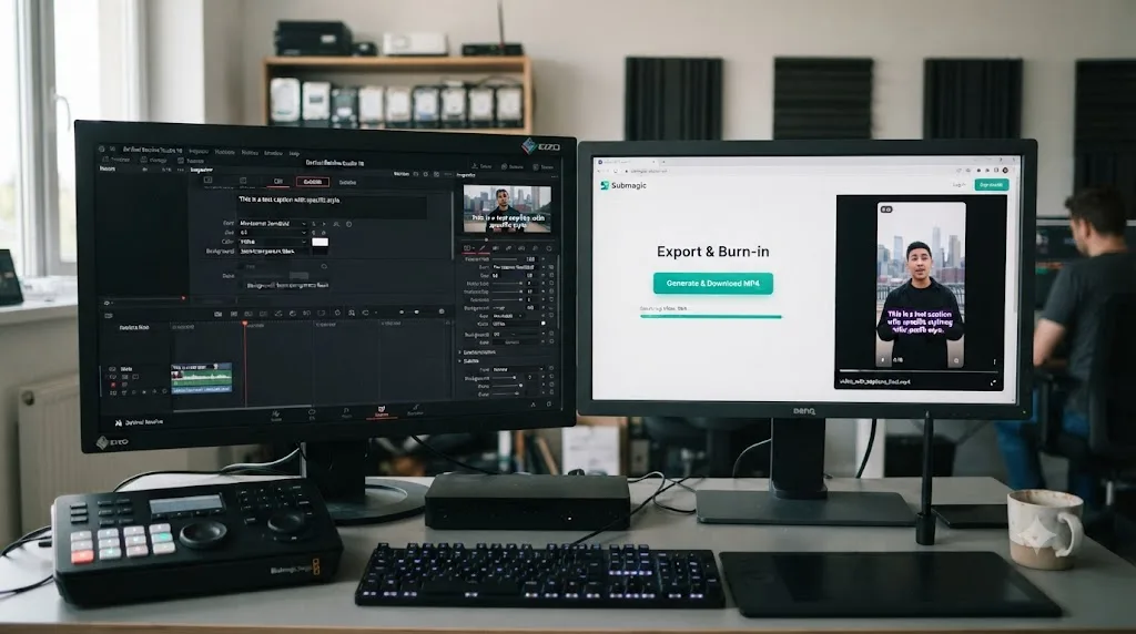 Illustration of a raw camera file passing through a color-managed export before uploading to a captioning tool compared with loading natively into DaVinci Resolve