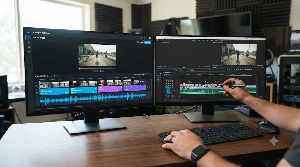 Illustration of an AI clip-finding dashboard automatically highlighting segments next to a DaVinci Resolve timeline with manual markers