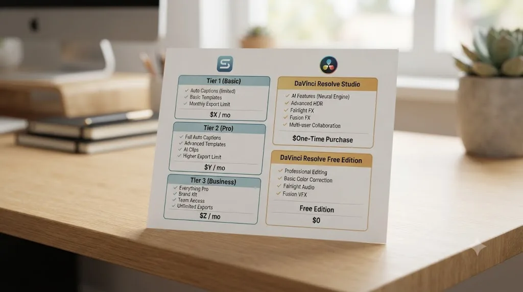 Illustration of a pricing comparison chart contrasting Submagic's subscription tiers with DaVinci Resolve's one-time Studio price