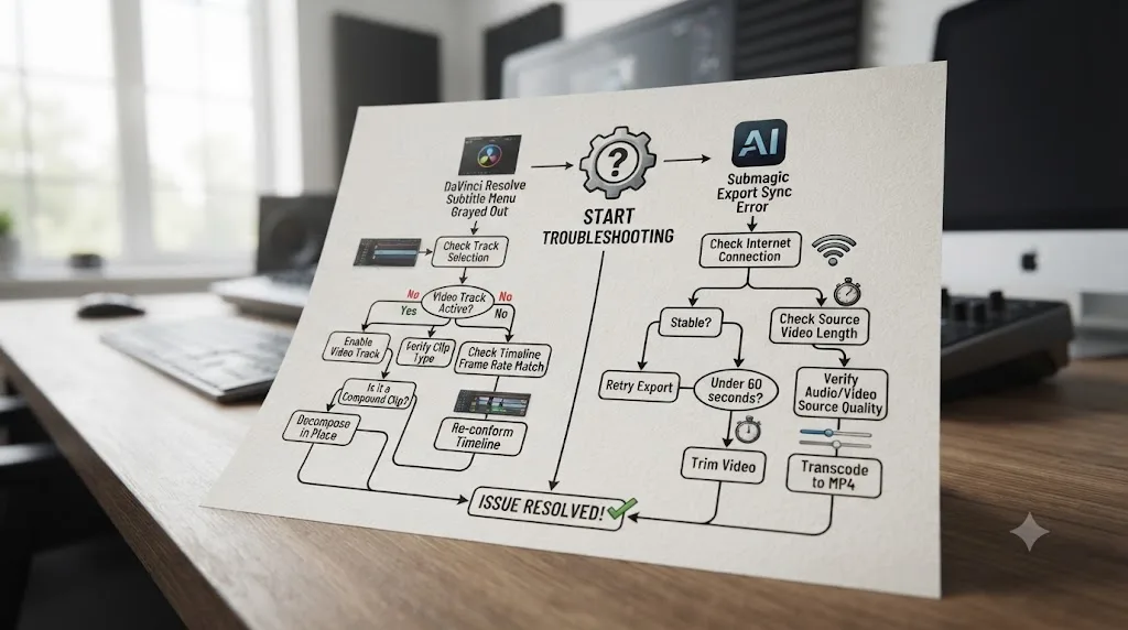 Illustration of a troubleshooting flowchart diagnosing DaVinci Resolve caption errors and Submagic export errors