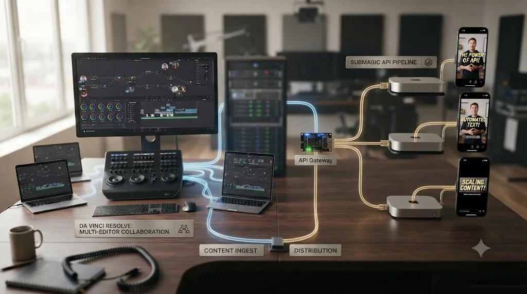Illustration of an assistant pointing at a highlighted control inside a DaVinci Resolve interface