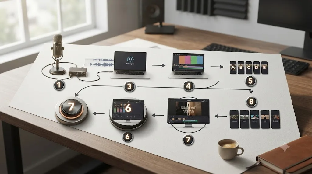 Illustration of an eight-step workflow diagram turning a long podcast into five captioned vertical clips finished in DaVinci Resolve