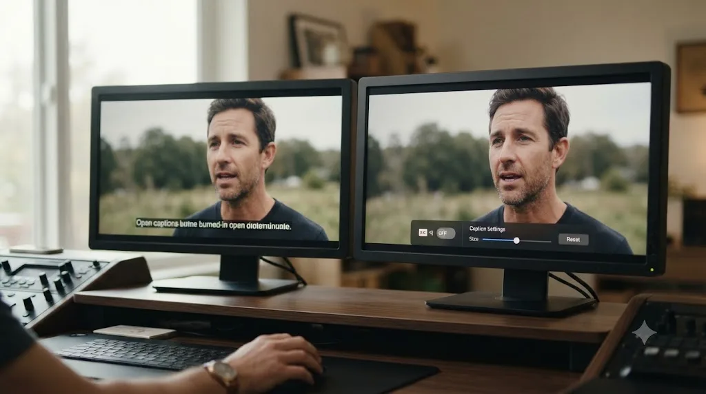 Illustration of an SRT file exported from a browser captioning tool flowing into a DaVinci Resolve subtitle track