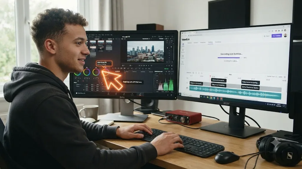 Illustration of an on-screen assistant pointing at a DaVinci Resolve control, contrasted with a browser editor automatically generating captions